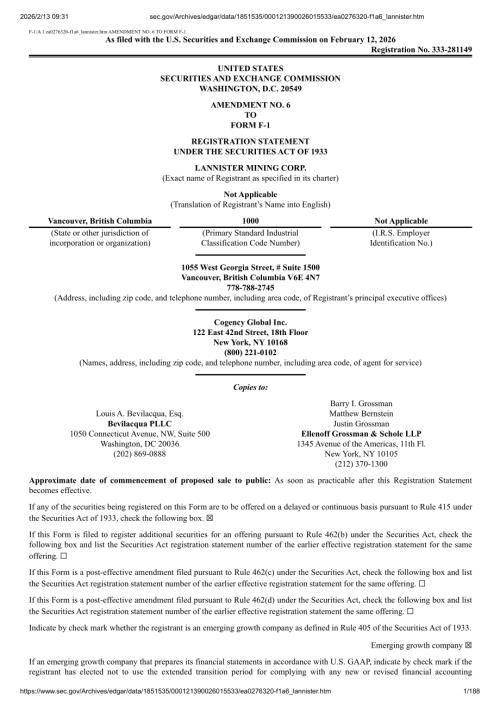 Lannister Mining Corp 美股招股说明书 F-1（2026-02-12修订版）（英文版）（188页）.pdf