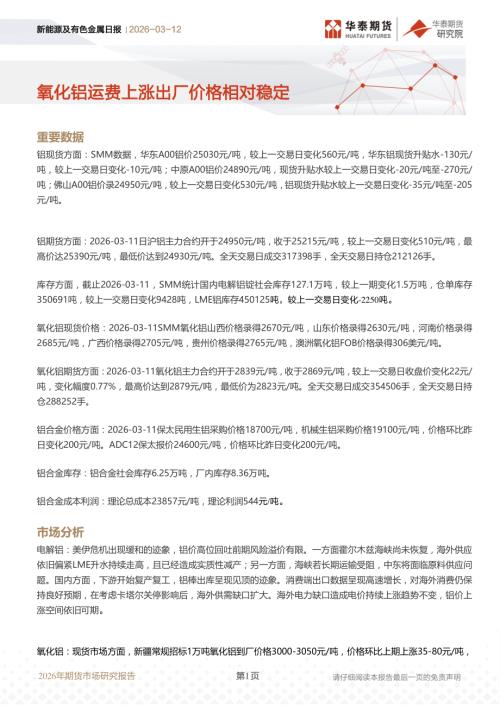 【华泰期货】新能源及有色金属日报：氧化铝运费上涨出厂价格相对稳定-260312（9页）.pdf