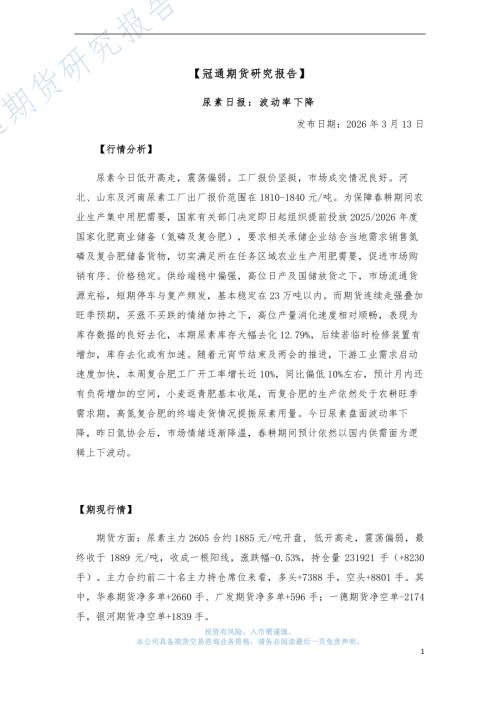 【冠通期货】尿素日报：波动率下降-260313（4页）.pdf