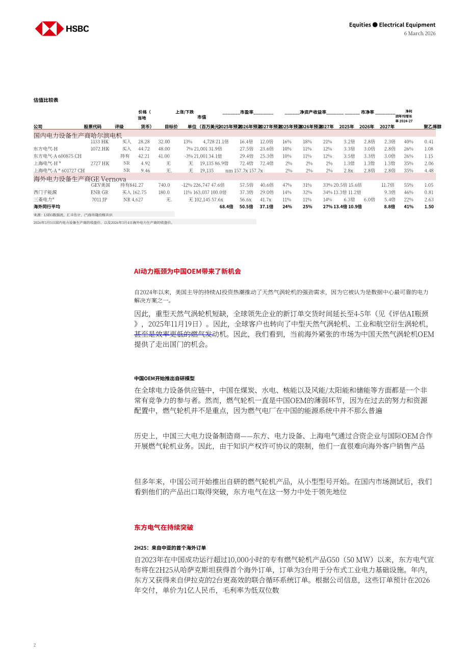 汇丰HSBC：中国电力设备行业研究：中国燃气轮机如何扬帆出海-260306（英文版）（18页）.pdf_第2页