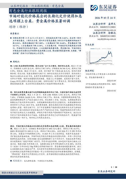 【东吴证券】有色金属行业跟踪周报：市场对能化价格高企的长期化定价使得加息选项摆上台桌，贵金属价格显著回调-260324（18页）.pdf