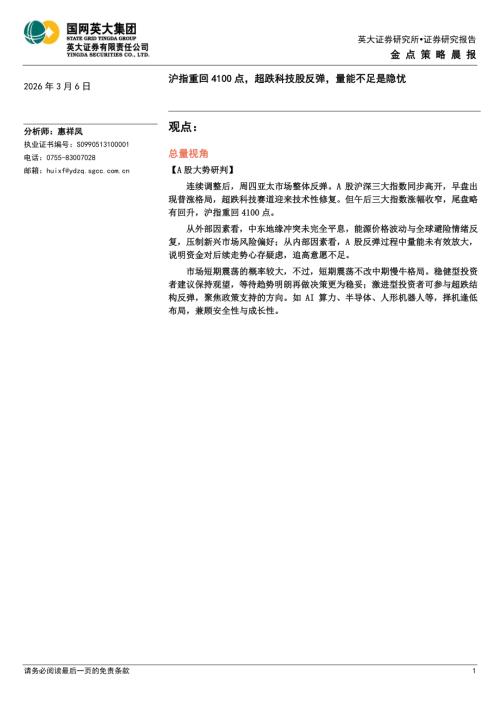 【英大证券】金点策略晨报：沪指重回4100点，超跌科技股反弹，量能不足是隐忧-260306（4页）.pdf