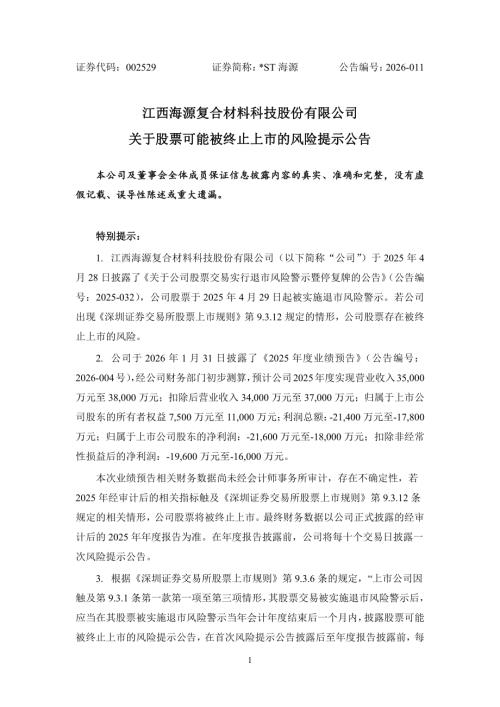 ST海源：关于股票可能被终止上市的风险提示公告.PDF