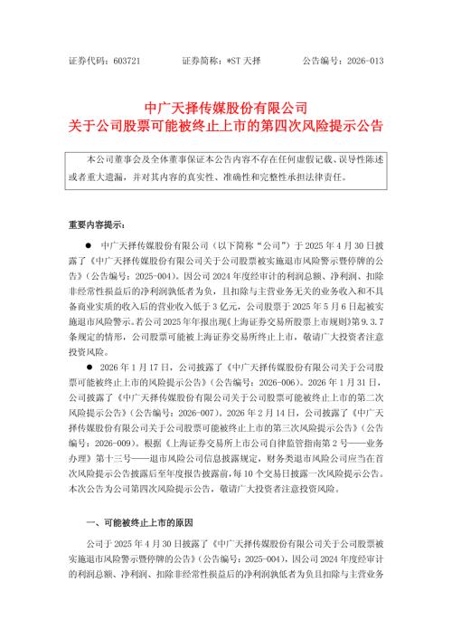 ST天择：中广天择传媒股份有限公司关于公司股票可能被终止上市的第四次风险提示公告.PDF
