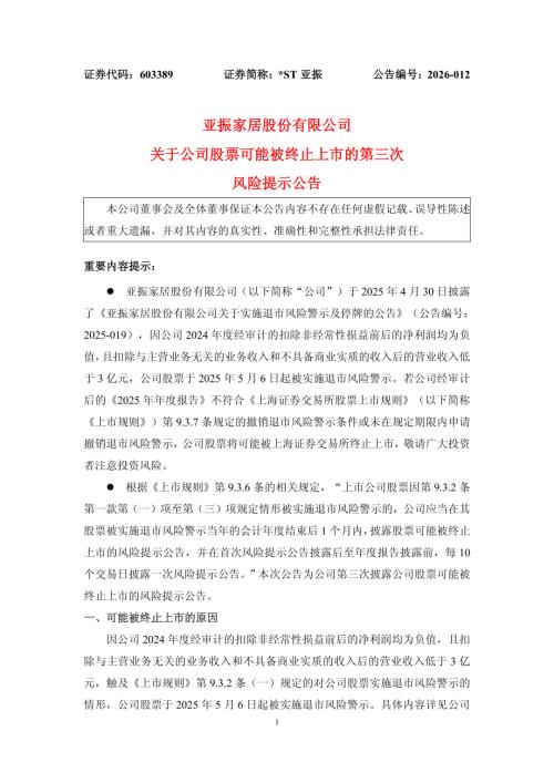 ST亚振：关于公司股票可能被终止上市的第三次风险提示公告.PDF