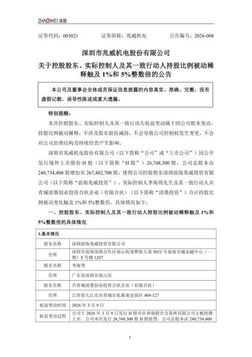 兆威机电：关于控股股东、实际控制人及其一致行动人持股比例被动稀释触及1%和5%整数倍的公告.PDF