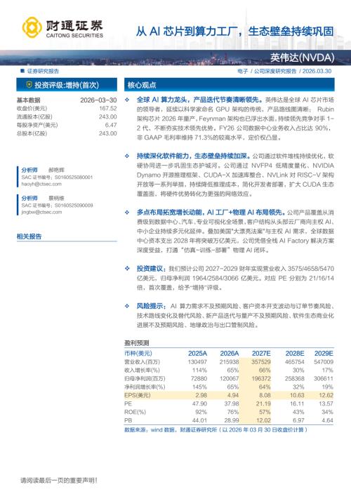 英伟达-NVDA.US-美股公司研究报告：从AI芯片到算力工厂生态壁垒持续巩固-260330（38页）.pdf