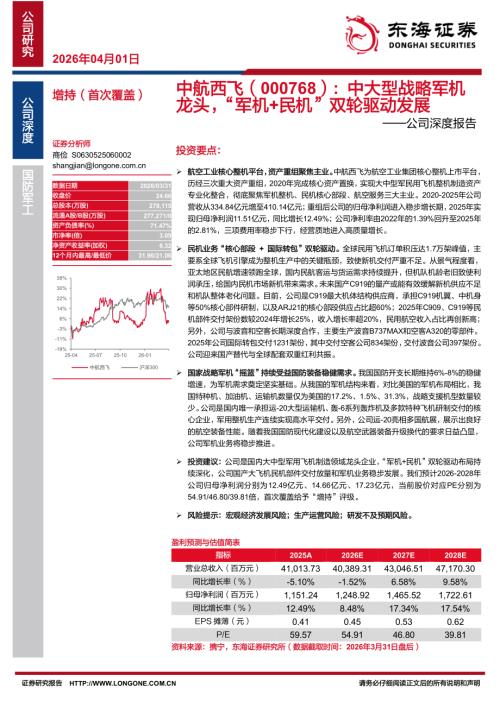 【东海证券】中航西飞（000768）-公司深度报告：中大型战略军机龙头，“军机+民机”双轮驱动发展-260401（18页）.pdf