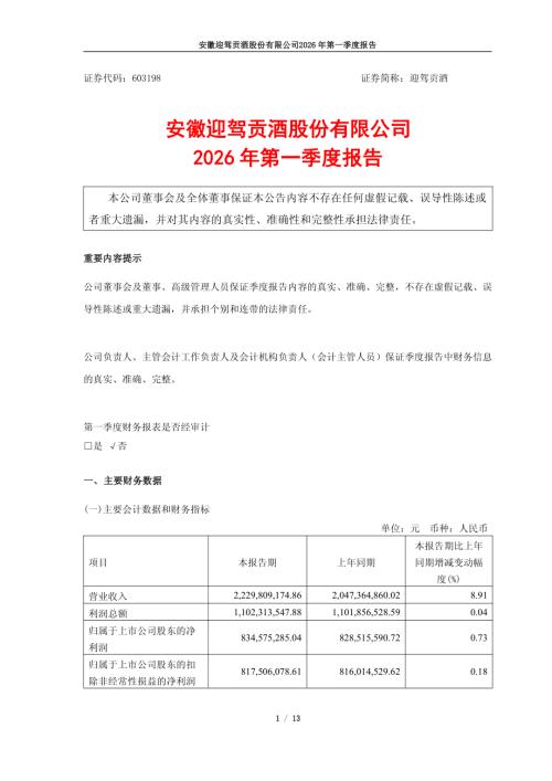 迎驾贡酒：迎驾贡酒2026年一季度报告.PDF