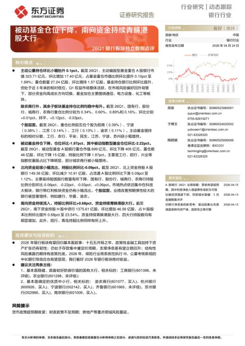 【东方证券】26Q1银行板块持仓数据点评：被动基金仓位下降，南向资金持续青睐港股大行-260424（9页）.pdf