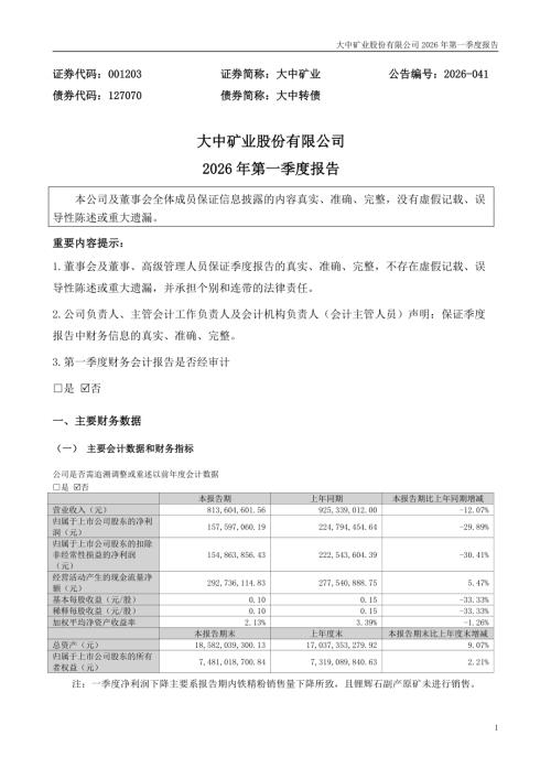 大中矿业：2026年一季度报告.PDF