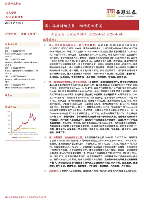 【华源证券】有色金属大宗金属周报：国内库存持续去化，铜价高位震荡-260426（16页）.pdf