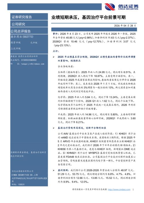 【信达证券】康弘药业（002773）-业绩短期承压，基因治疗平台前景可期-260428（4页）.pdf
