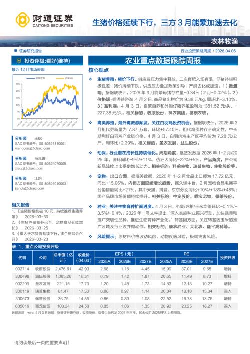 农业重点数据跟踪周报：生猪价格延续下行三方3月能繁加速去化-260406（12页）.pdf