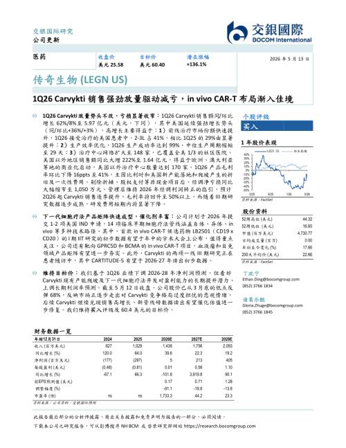 【交银国际证券】1Q26 Carvykti销售强劲放量驱动减亏，in vivo CAR-T布局渐入佳境-260513（6页）.pdf
