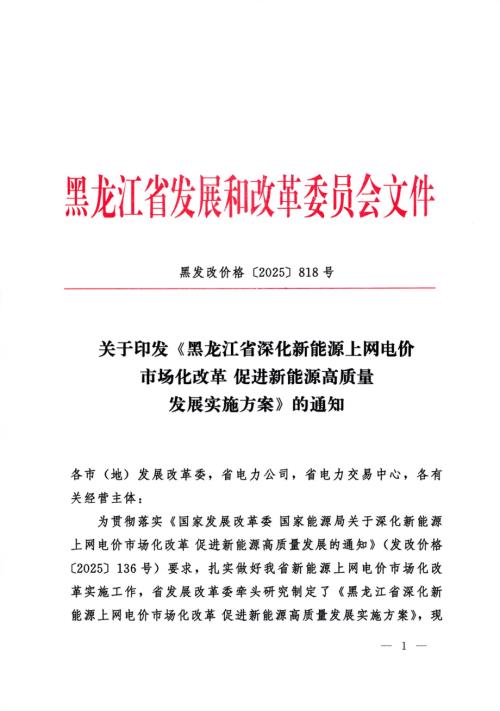 黑龙江省发改委：2025年黑龙江省深化新能源上网电价市场化改革促进新能源高质量发展实施方案（11页）.pdf