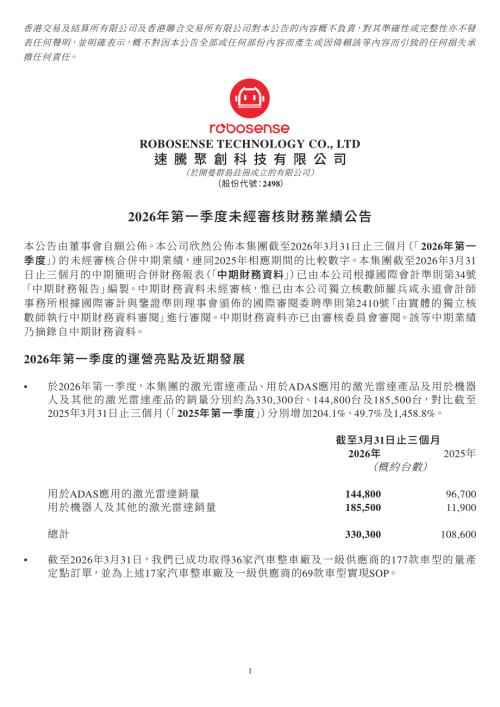 速騰聚創：2026年第一季度未經審核財務業績公告.pdf