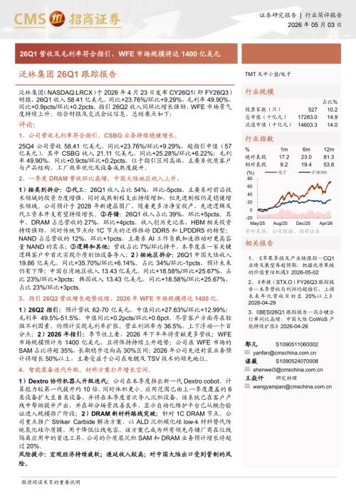 电子行业泛林集团26Q1跟踪报告：26Q1营收及毛利率符合指引WFE市场规模将达1400亿美元-260503（10页）.pdf