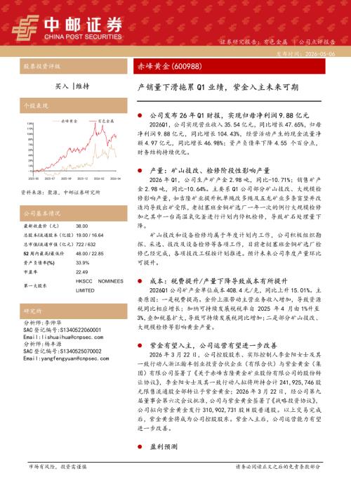 【中邮证券】赤峰黄金（600988）-产销量下滑拖累Q1业绩，紫金入主未来可期-260506（5页）.pdf