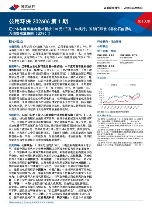 公用环保行业202606第1期：辽宁本年度可靠容量补偿按370元千瓦·年执行五部门印发《非化石能源电力消费核算指南（试行）》-260609（30页）.pdf