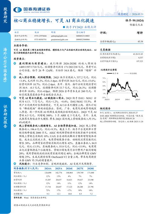 快手~W-1024.HK-港股公司研究报告：FY26Q1业绩点评：核心商业稳健增长可灵AI商业化提速-260531（8页）.pdf