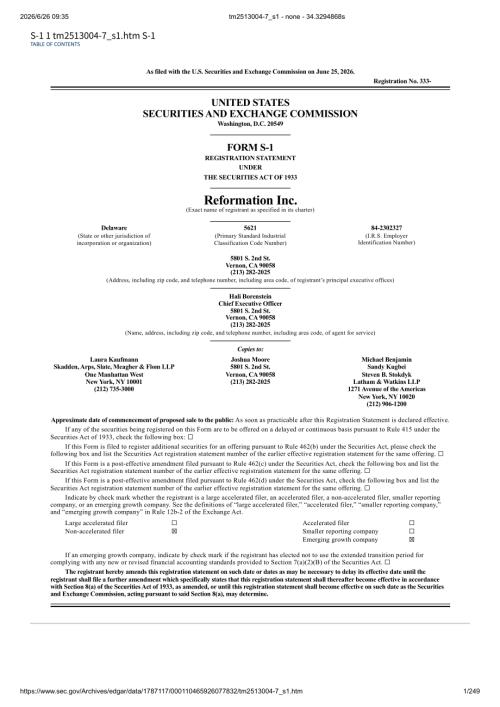 Reformation Inc 美股招股说明书 S-1（2026-06-25首版）（英文版）（249页）.pdf