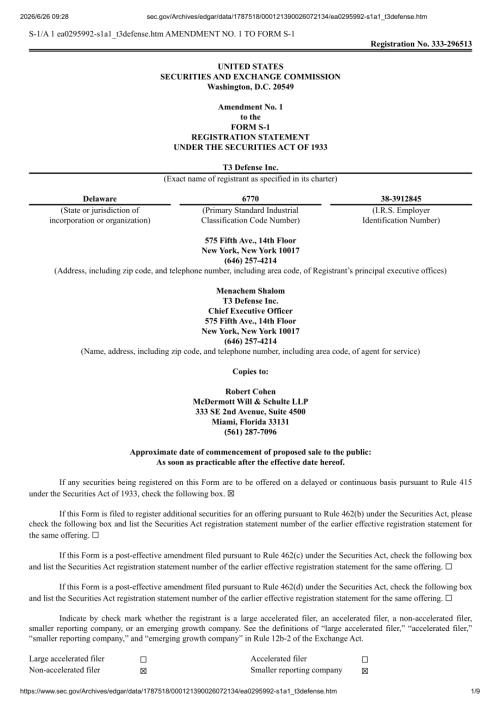 T3 Defense Inc（DFNS, DFNSW）美股招股说明书 S-1（2026-06-25修订版）（英文版）（9页）.pdf