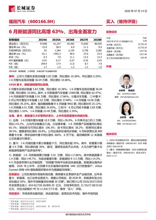 福田汽车(600166)-A股公司研究报告：6月新能源同比高增63%出海全面发力-260714（3页）.pdf