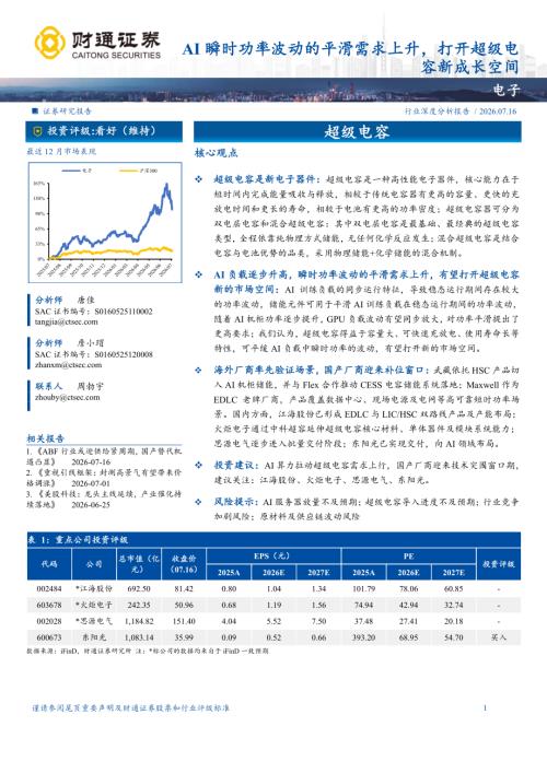 电子行业深度分析报告：AI瞬时功率波动的平滑需求上升打开超级电容新成长空间-260716（17页）.pdf