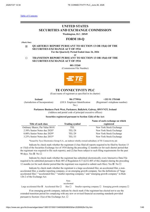 TE Connectivity plc（TEL）：截至2026年06月26日止三个月的季度财报（10-Q）（英文版）（46页）.pdf