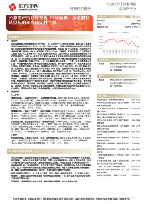 【东方证券】房地产行业周报：公募地产持仓降至近10年新低，资金加仓转型标的和高确定性个股-260727（22页）.pdf