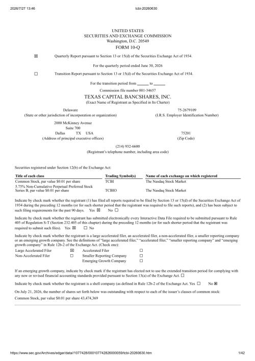 TEXAS CAPITAL BANCSHARES INC TX（TCBI）：截至2026年06月30日止三个月的季度财报（10-Q）（英文版）（42页）.pdf