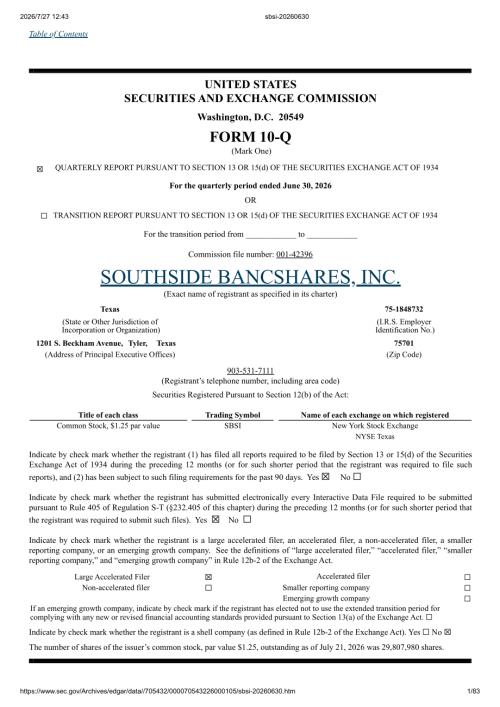 SOUTHSIDE BANCSHARES INC（SBSI）：截至2026年06月30日止三个月的季度财报（10-Q）（英文版）（83页）.pdf