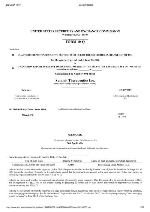 Summit Therapeutics Inc（SMMT）：截至2026年06月30日止三个月的季度财报（10-Q）（英文版）（72页）.pdf