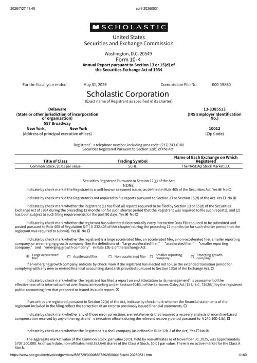 SCHOLASTIC CORP（SCHL）：截至2026年05月31日止财政年度的10-K年报（英文版）（160页）.pdf