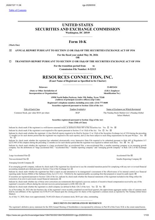 RESOURCES CONNECTION, INC（RGP）：截至2026年05月30日止财政年度的10-K年报（英文版）（103页）.pdf
