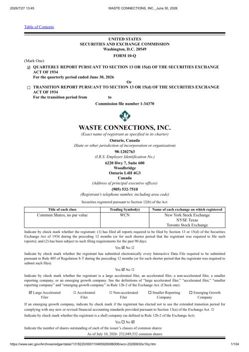 Waste Connections, Inc（WCN）：截至2026年06月30日止三个月的季度财报（10-Q）（英文版）（104页）.pdf