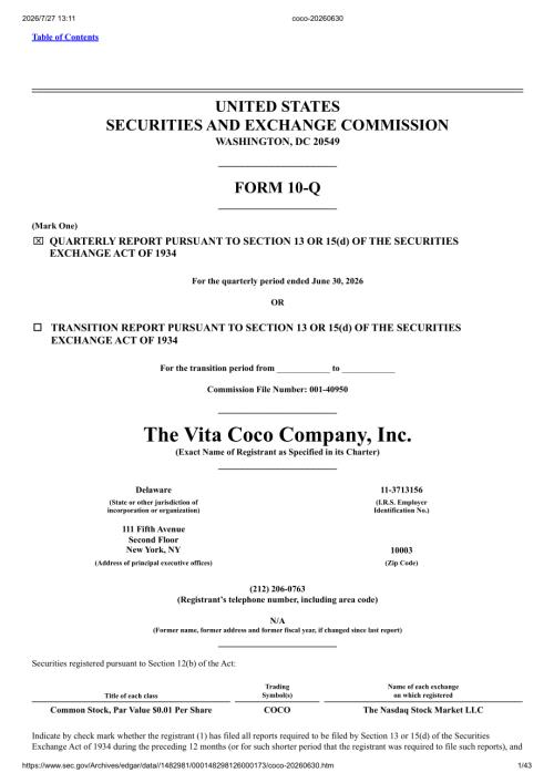 Vita Coco Company, Inc（COCO）：截至2026年06月30日止三个月的季度财报（10-Q）（英文版）（43页）.pdf
