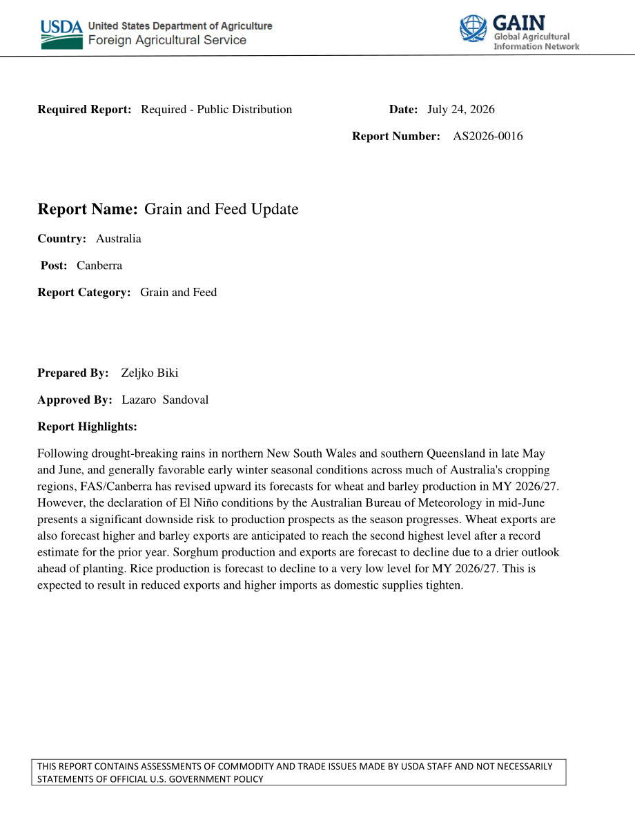 美国农业部（USDA）：2026澳大利亚谷物与饲料市场更新报告（英文版）（32页）.pdf_第1页