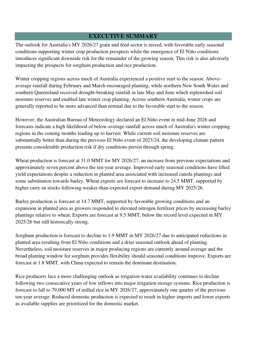 美国农业部（USDA）：2026澳大利亚谷物与饲料市场更新报告（英文版）（32页）.pdf_第2页
