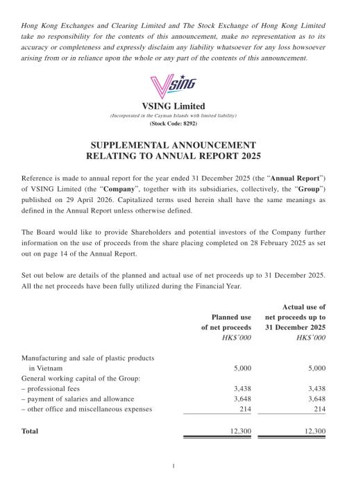 VSING：SUPPLEMENTAL ANNOUNCEMENTRELATING TO ANNUAL REPORT 2025.pdf