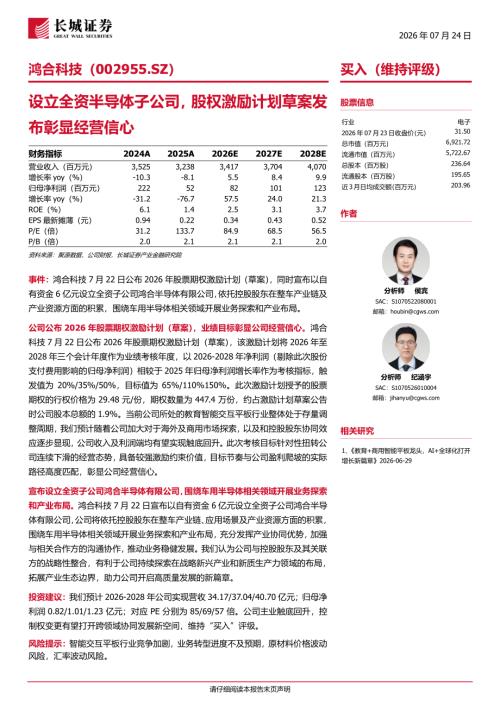 鸿合科技(002955)-A股公司研究报告：设立全资半导体子公司股权激励计划草案发布彰显经营信心-260724（3页）.pdf