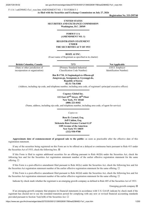 ROZE AI INC（ROZE）美股招股说明书 F-1（2026-07-27修订版）（英文版）（200页）.pdf