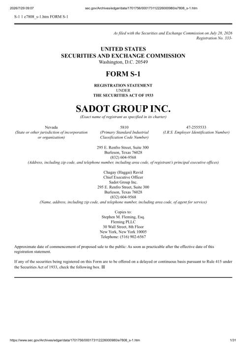 Sadot Group Inc（SDOT）美股招股说明书 S-1（2026-07-28首版）（英文版）（31页）.pdf