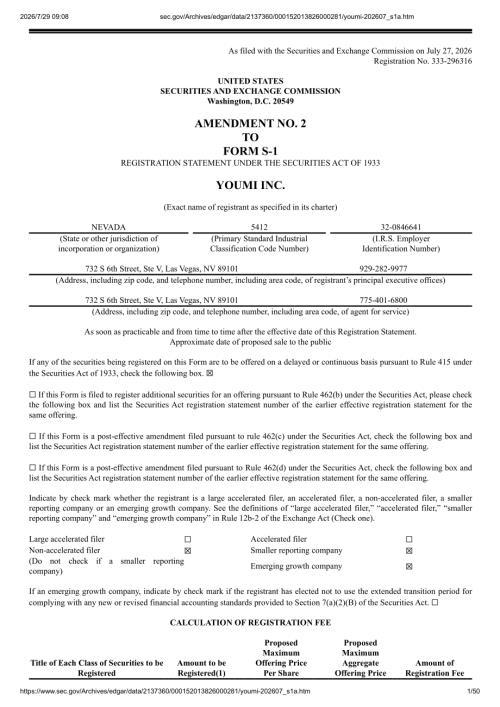 Youmi Inc 美股招股说明书 S-1（2026-07-28修订版）（英文版）（50页）.pdf