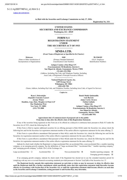 Sinda Ltd（SIND）美股招股说明书 S-1（2026-07-28首版）（英文版）（173页）.pdf