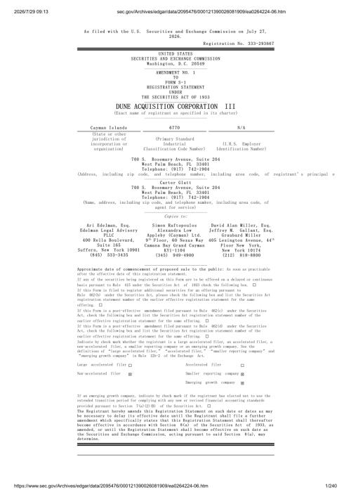 Dune Acquisition Corp III 美股招股说明书 S-1（2026-07-28修订版）（英文版）（240页）.pdf