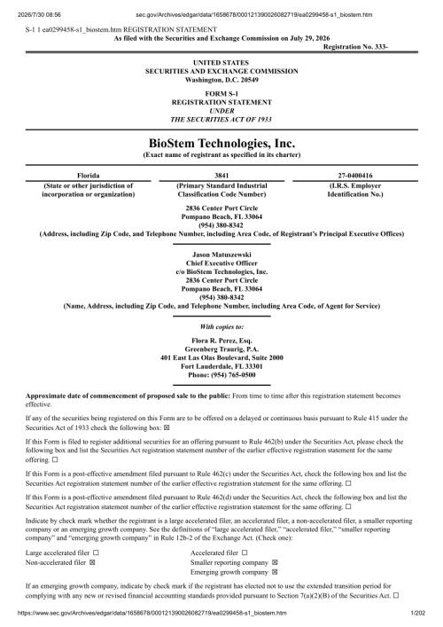 BioStem Technologies, Inc（BSEM）美股招股说明书 S-1（2026-07-29首版）（英文版）（202页）.pdf