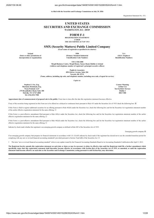 SMX （Security Matters) Public Ltd Co(SMX, SMXWW）美股招股说明书 F-1（2026-07-29首版）（英文版）（228页）.pdf