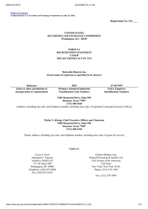 Moleculin Biotech, Inc（MBRX）美股招股说明书 S-1（2026-07-29首版）（英文版）（41页）.pdf
